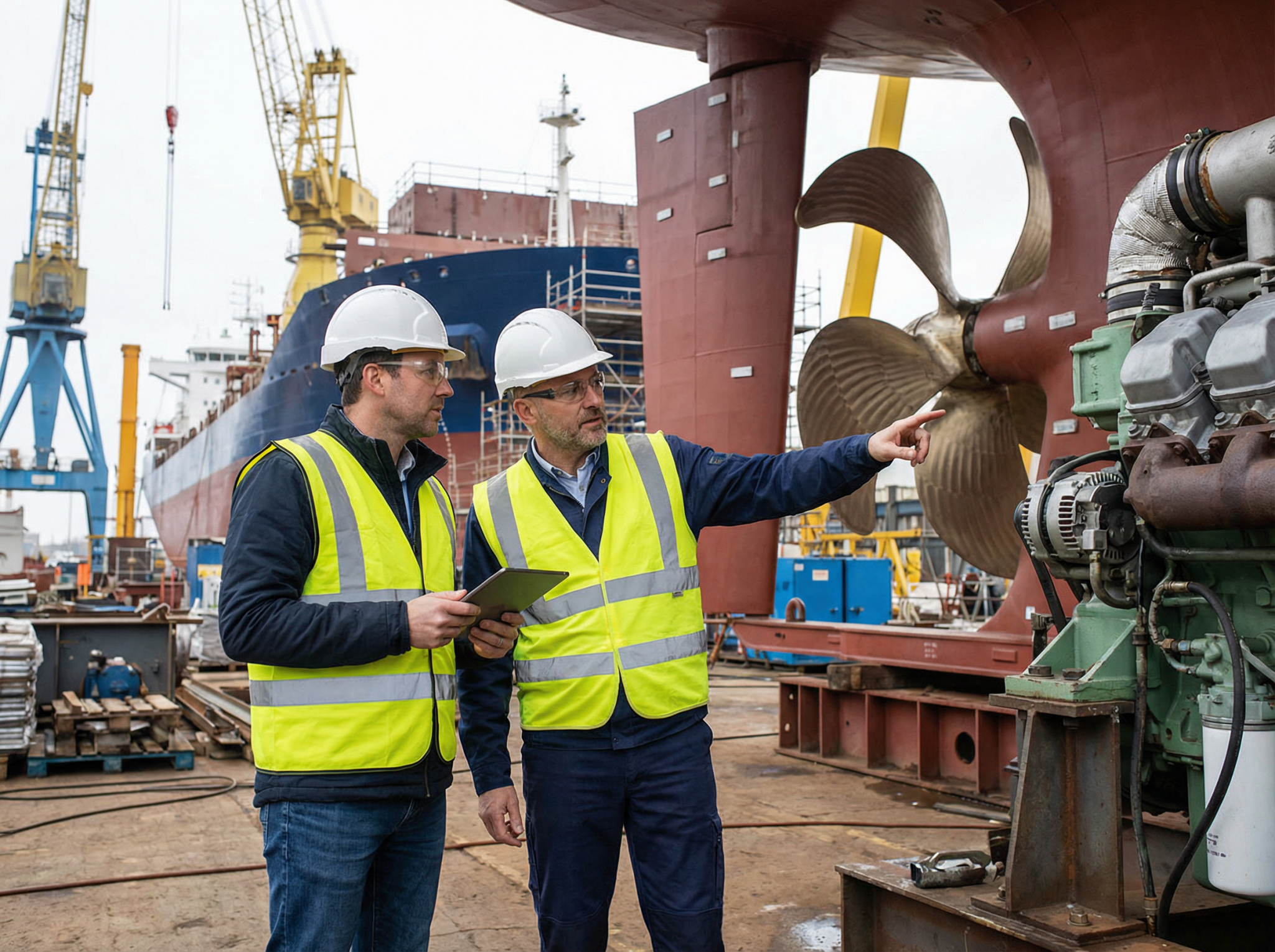 Ingénieurs inspectant un navire en construction au chantier naval