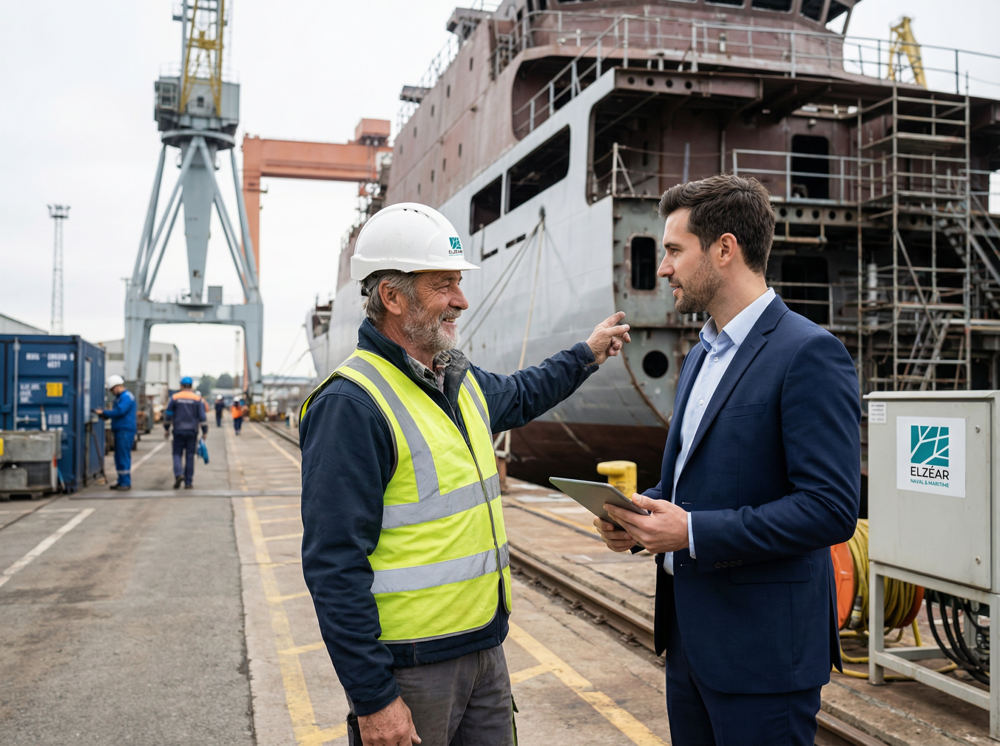 Discussion entre ingénieur et ouvrier sur chantier naval