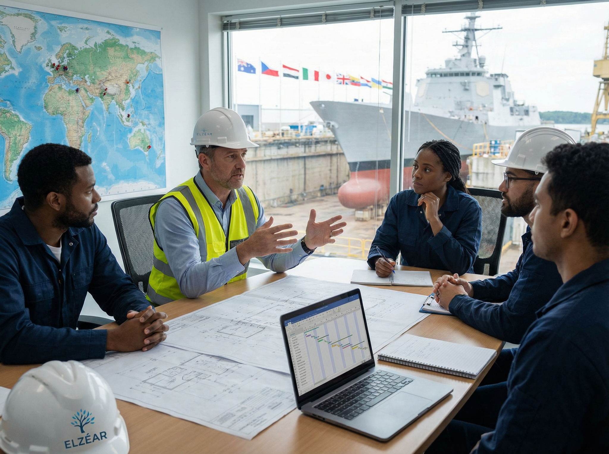 Réunion d’ingénieurs navals discutant de plans techniques.