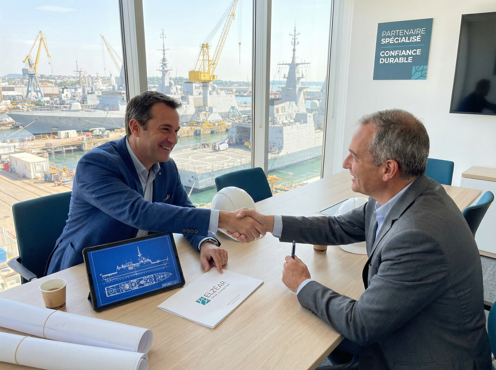 Recruteur et entreprise se serrent la main devant chantier naval.