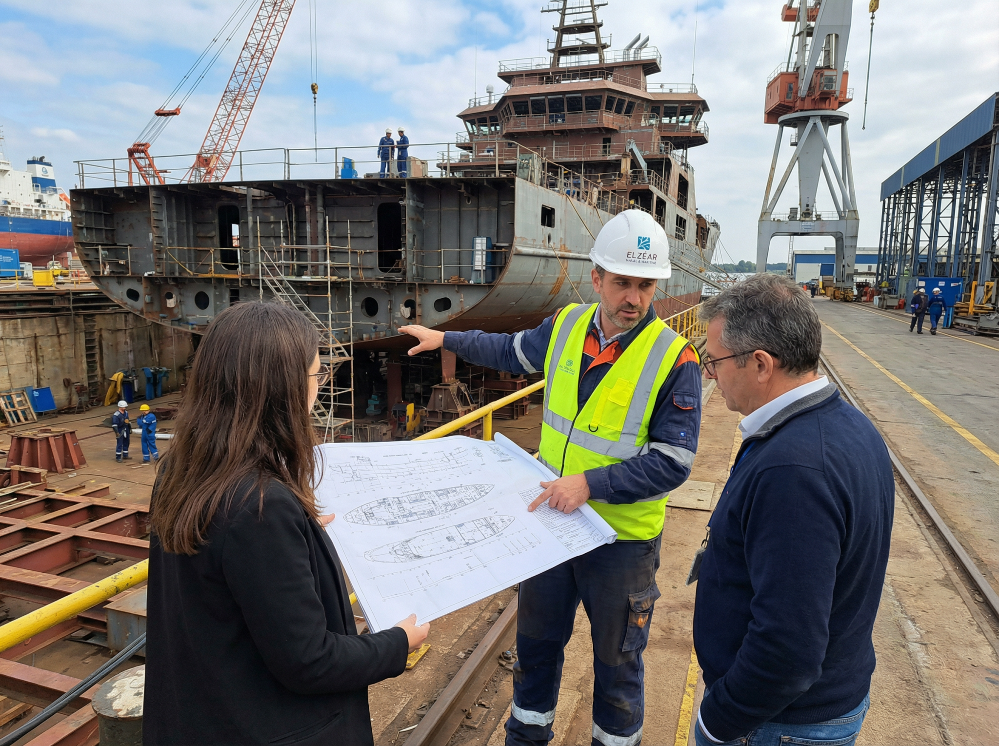 Ingénieurs discutant de plans devant un navire en construction