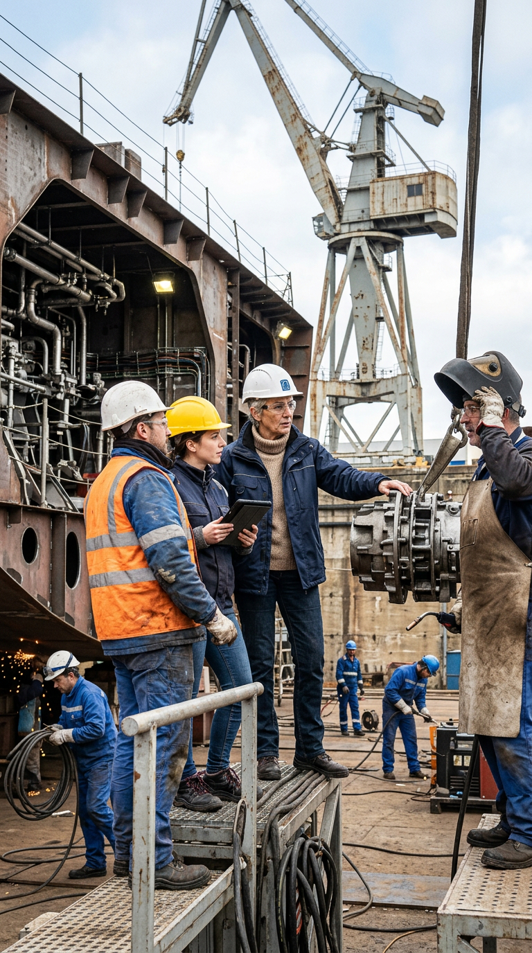 Travailleurs discutant sur un chantier naval industriel