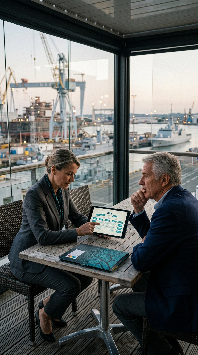 Réunion professionnelle avec tablette dans un port industriel