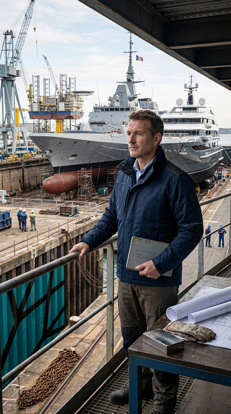 Ingénieur observant des navires en construction au chantier naval