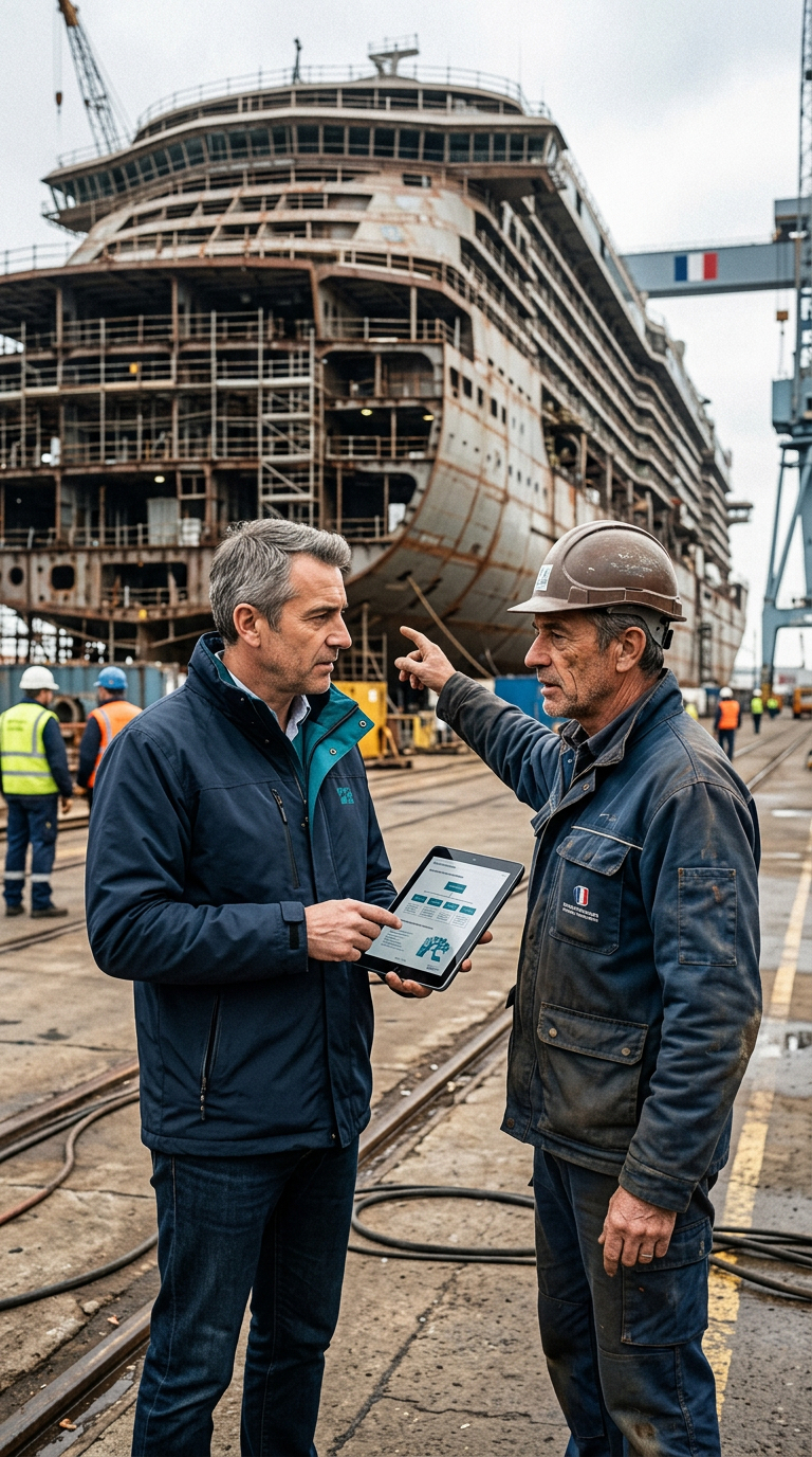 Ingénieurs discutant devant un navire en construction.