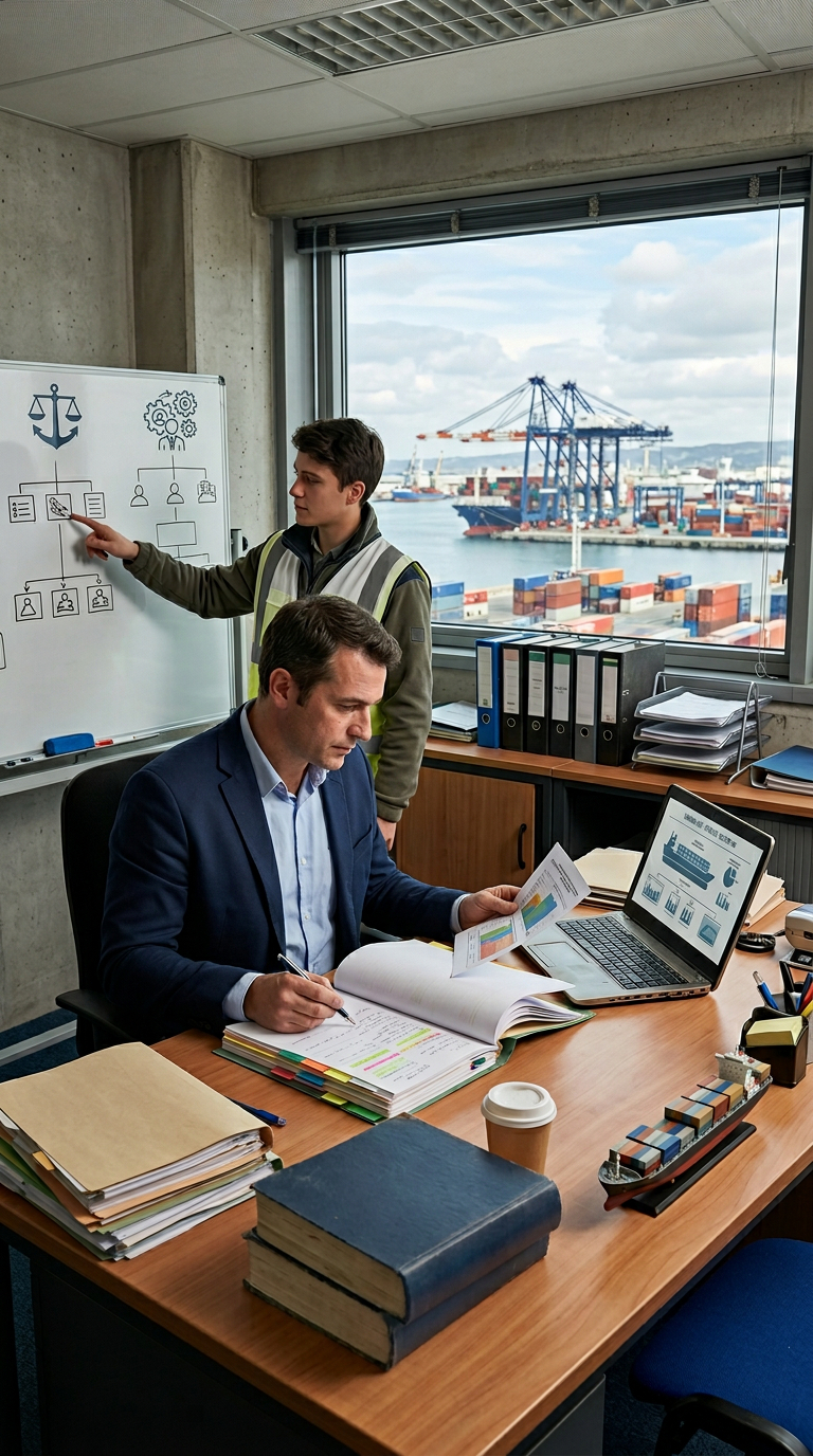 Réunion logistique portuaire avec graphiques et documents.