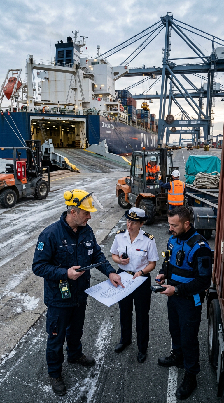 Inspection du port devant un navire de fret