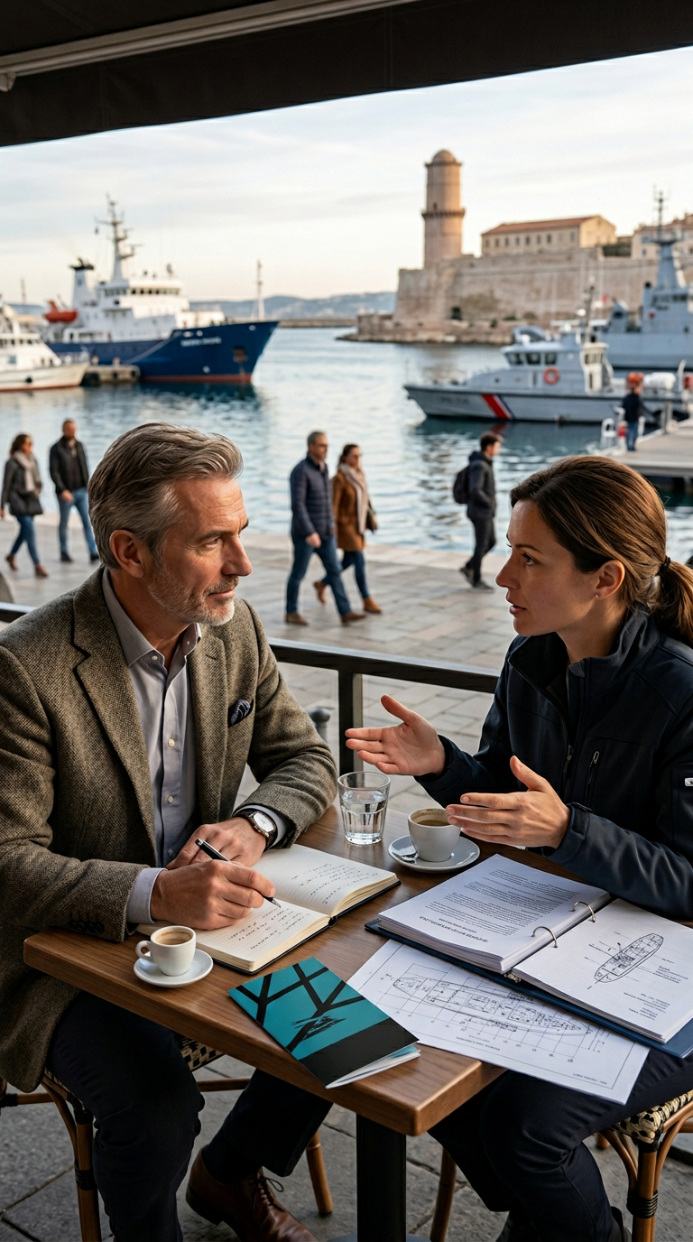 Discussion professionnelle en terrasse face au port maritime
