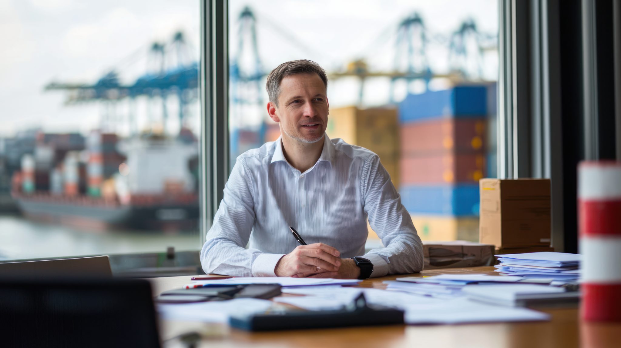 a logistics manager negotiating shipping contracts in a boardroom.