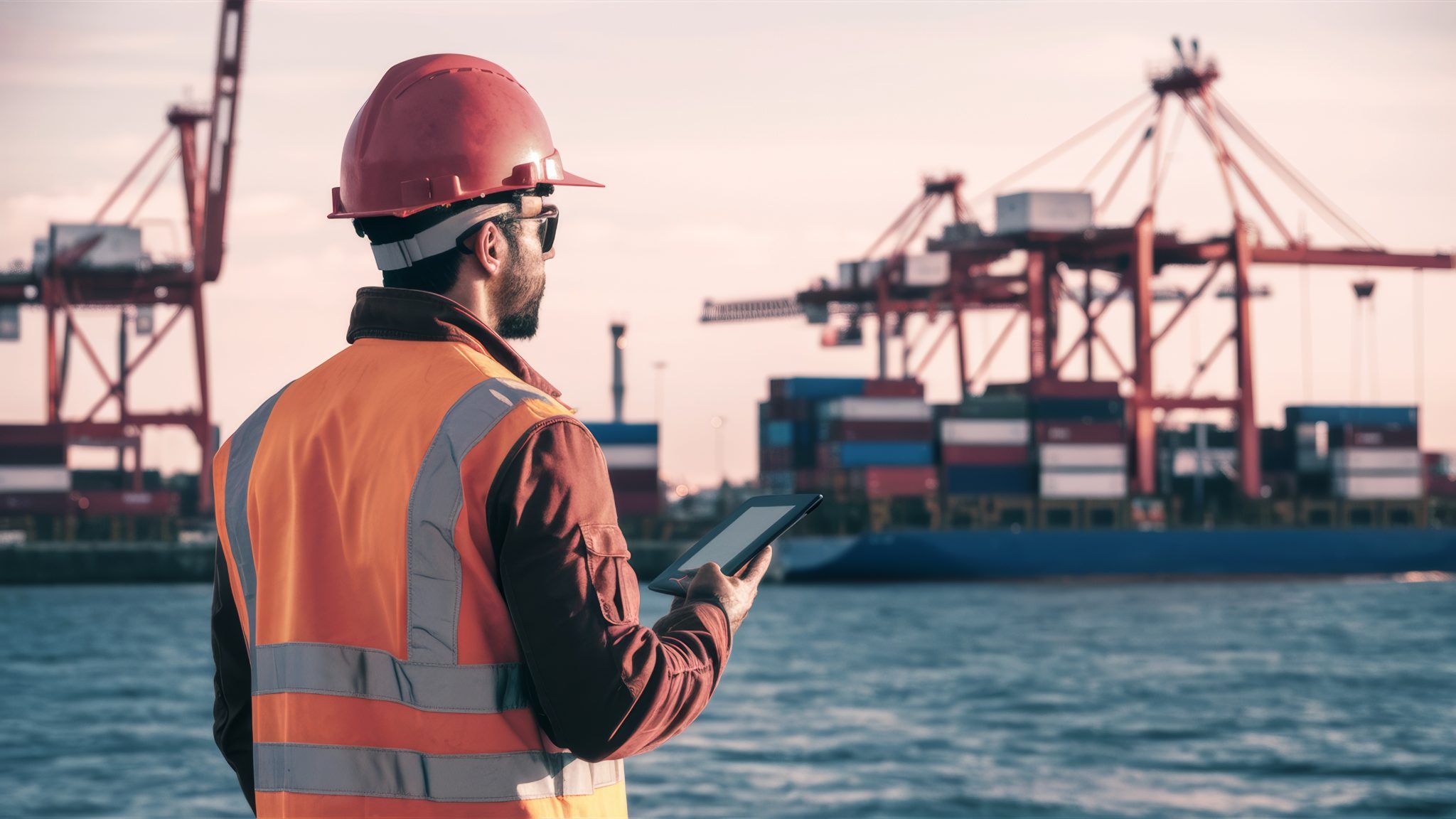 worker in safety gear observing operations at cargo port